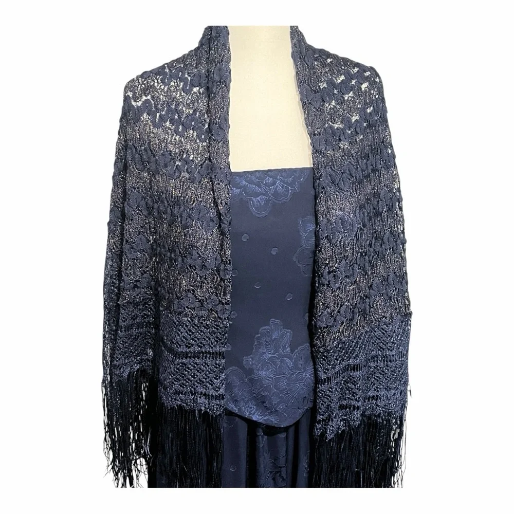 Elegant Knit Navy Lace Shawl with Fringe